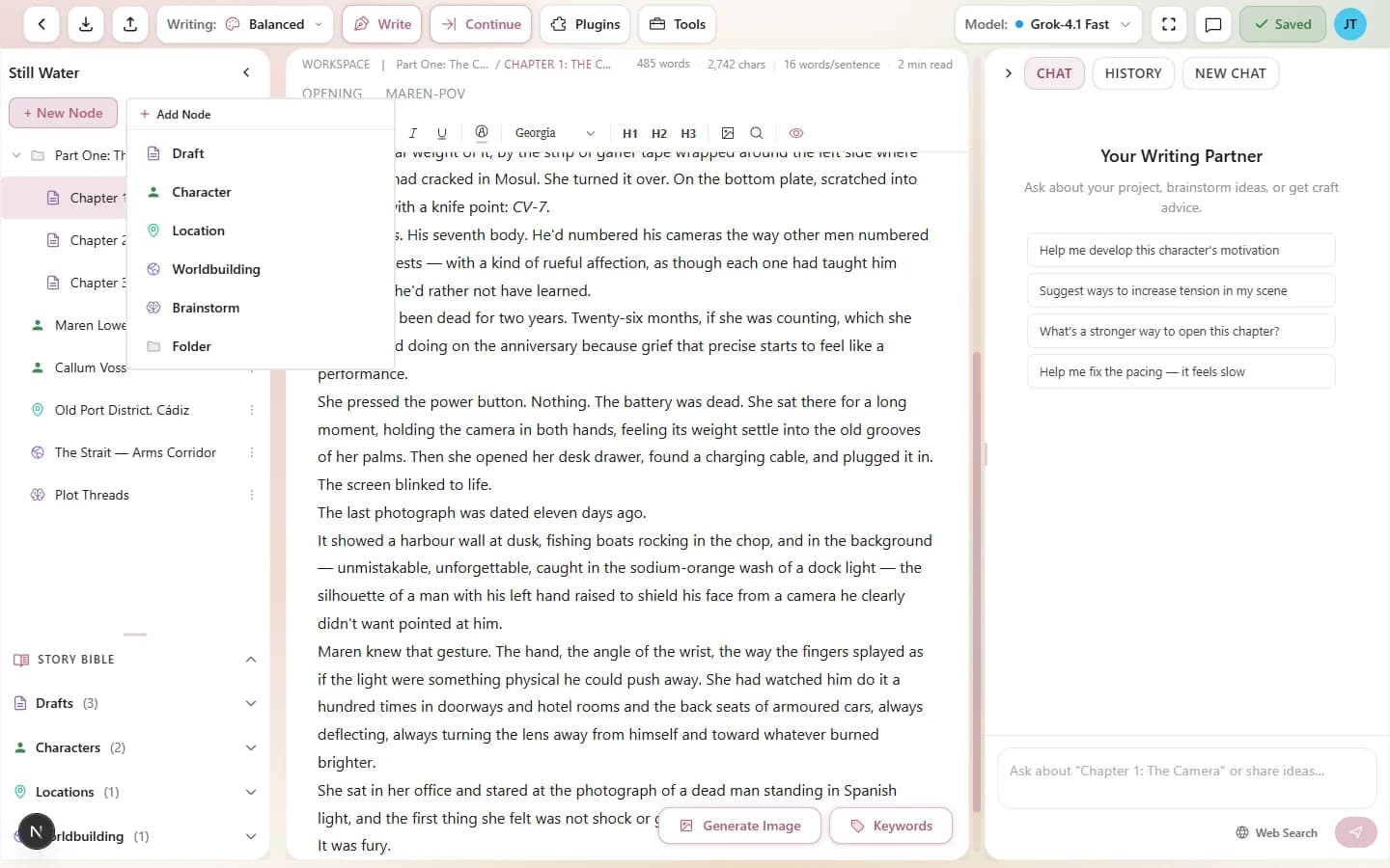 Adding a new draft node from the left panel