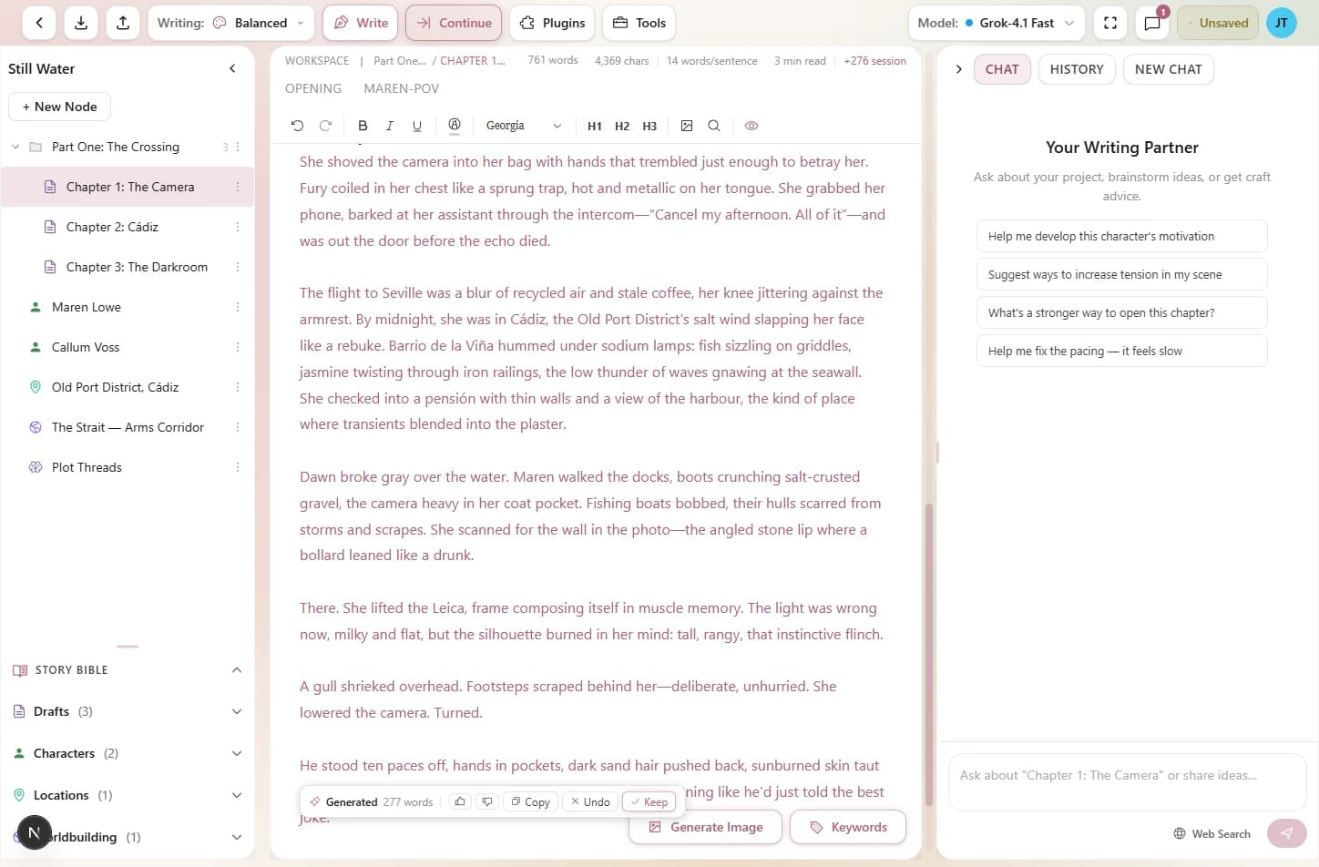 Diagram showing the AI generation pipeline from Write button to Keep/Discard