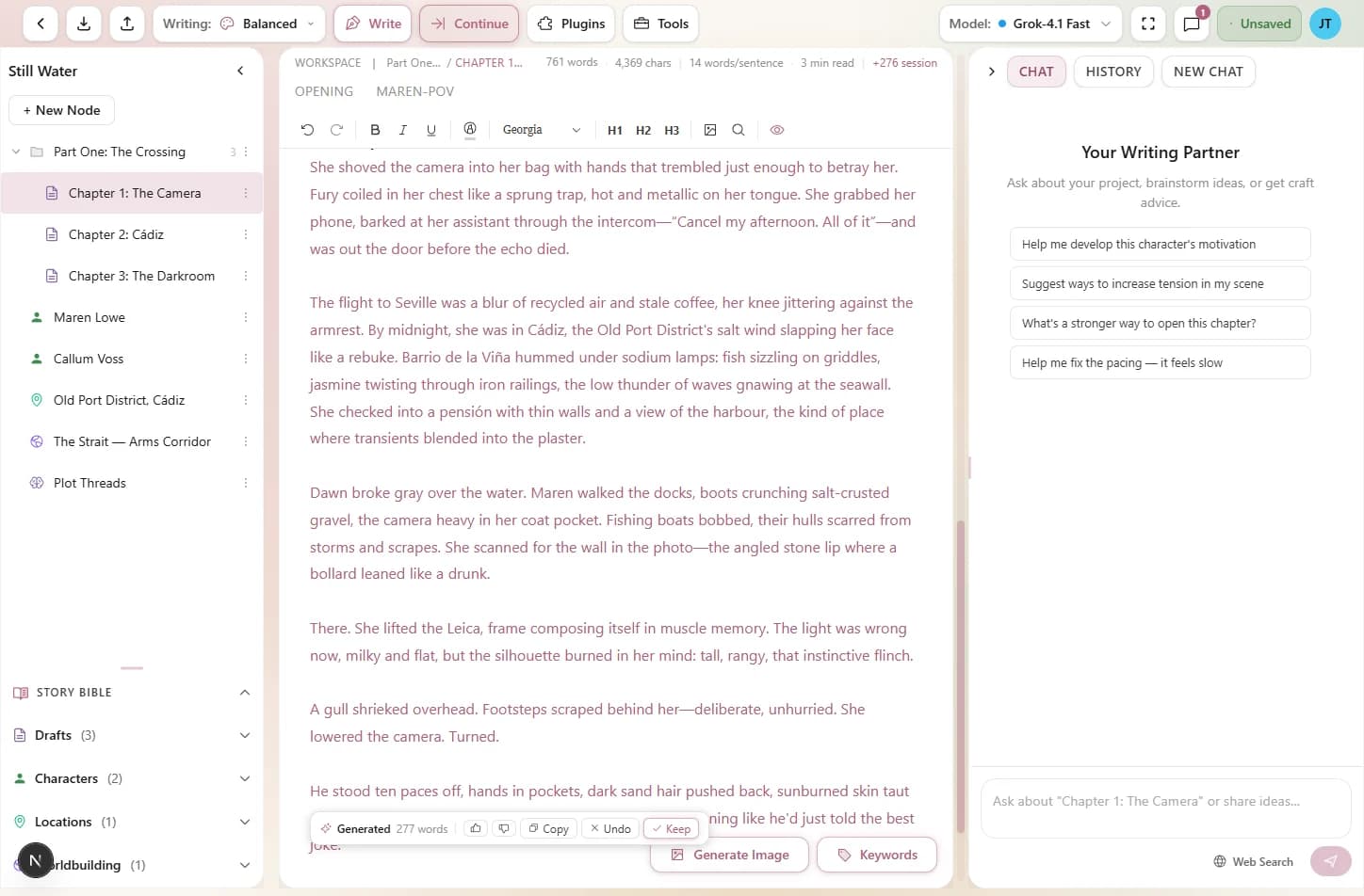 AI-generated text streaming into the editor with the inline toolbar visible