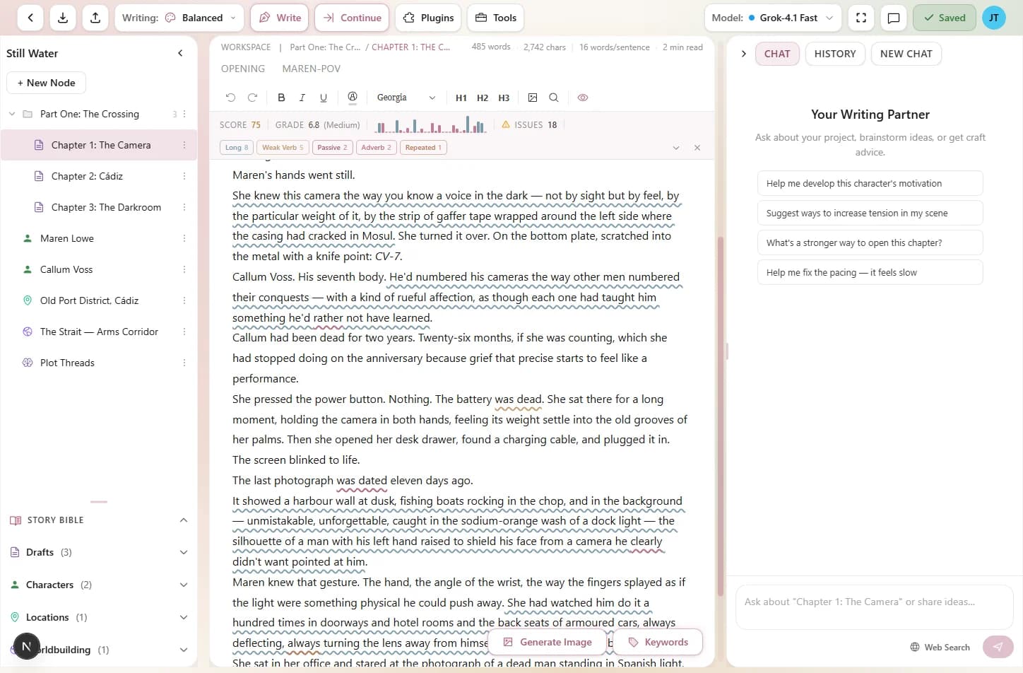 Editor text with colored underlines showing passive voice in pink, weak verbs in gold, and wordy phrases in green