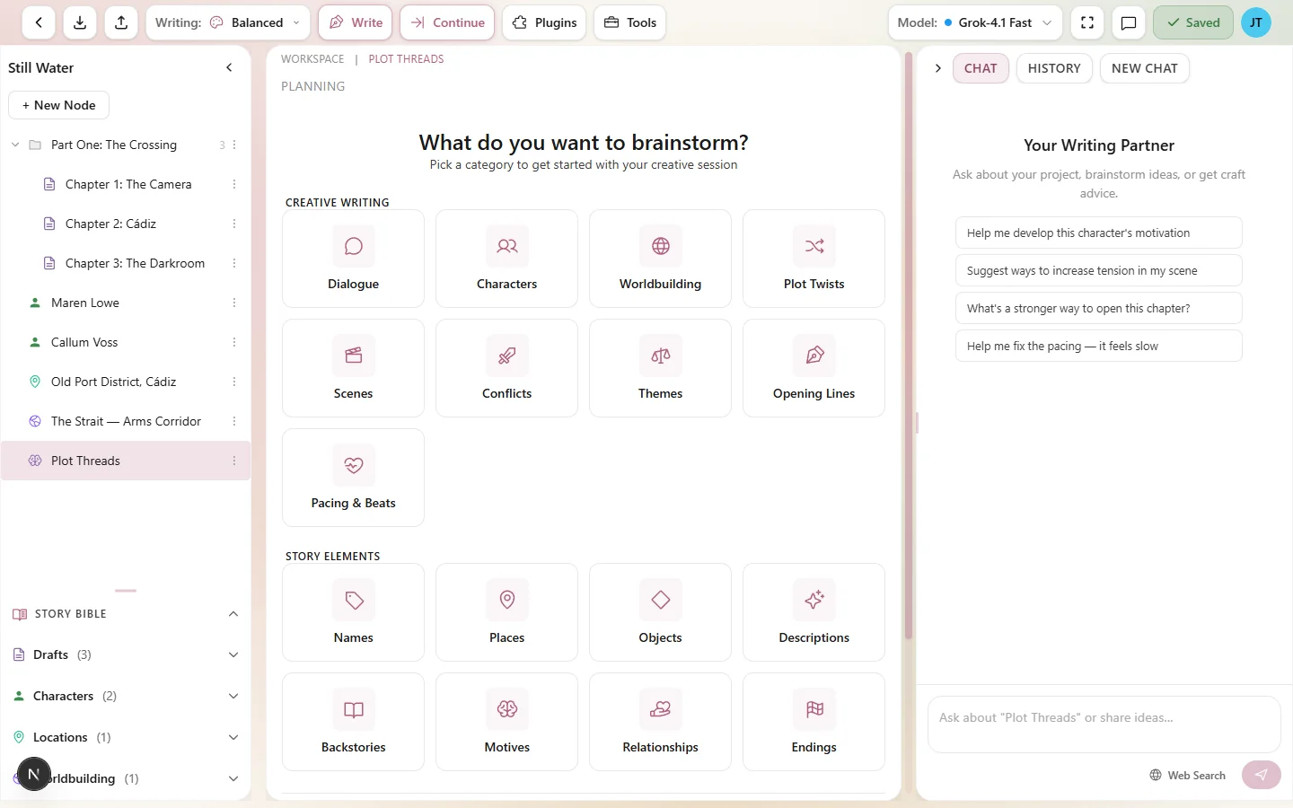 The brainstorm category selection grid showing 18 categories in two groups
