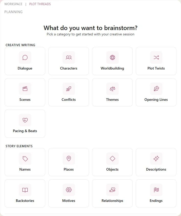 The brainstorm sidebar showing linked nodes — a character and two draft nodes connected to the brainstorm