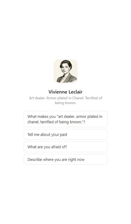 Multiple character chat windows showing different conversation types: voice exploration, plot reaction, and backstory development