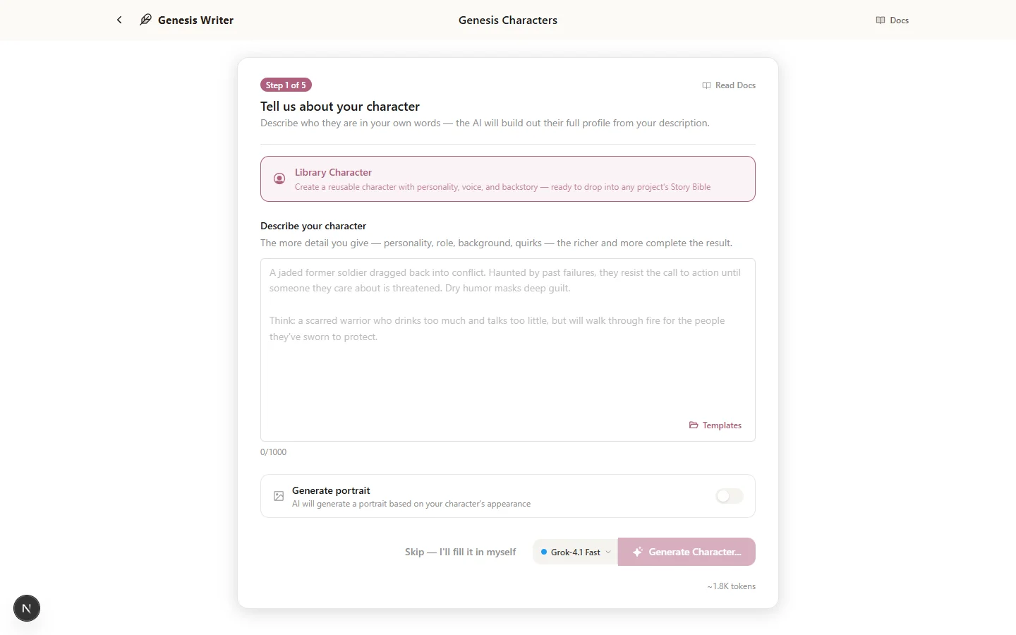 The character creation wizard showing the four-step progress bar with Intent, Identity, Portrait, and Publish