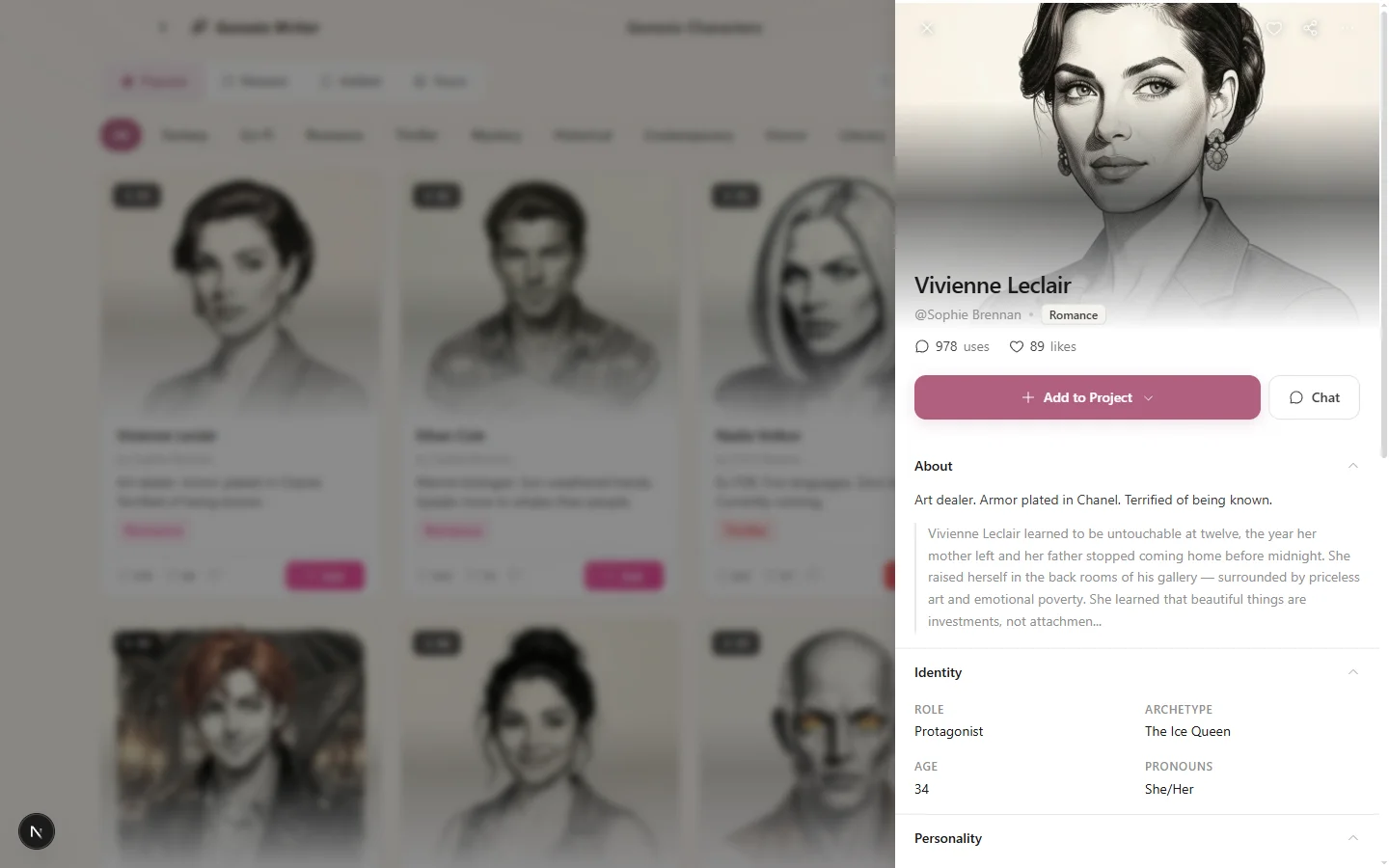 A character detail sheet showing the full biography, personality traits, voice profile, portrait, rating stars, and Add to Library button