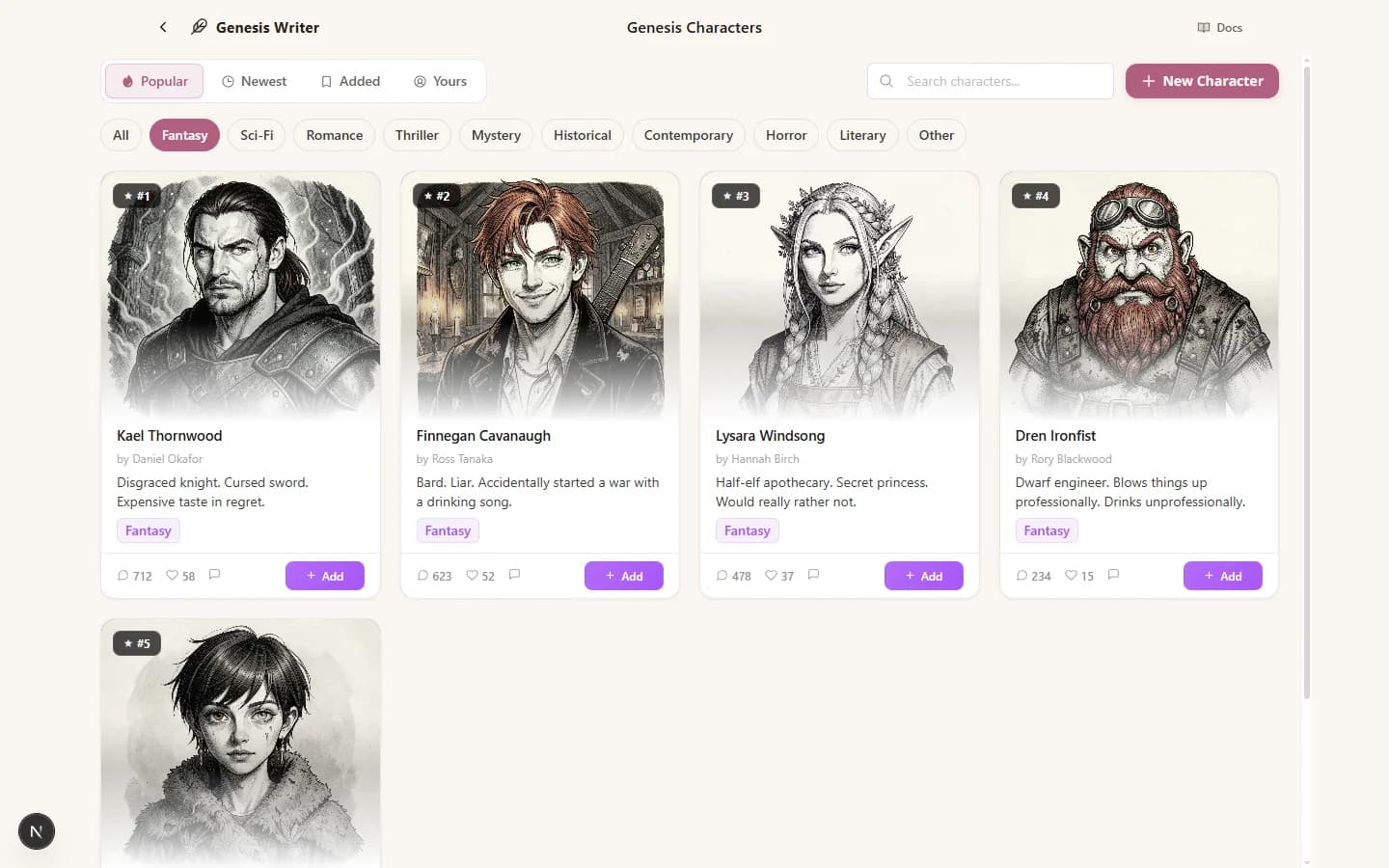 A selection of preset characters showing diverse genres including a fantasy knight, noir detective, sci-fi pilot, and romance novelist