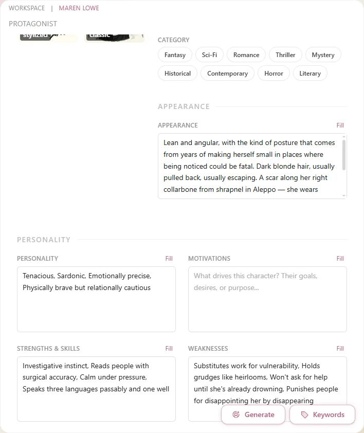 The personality profiling section showing traits with intensity toggles and strengths/flaws lists