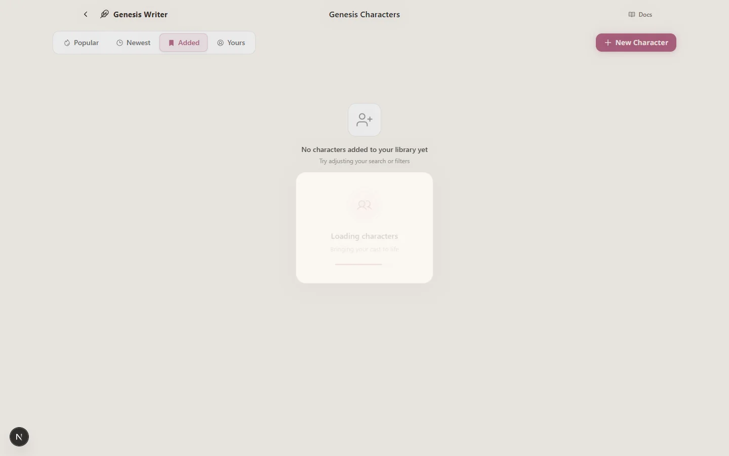 The portrait library showing a grid of saved portraits organized by style, with delete and assign buttons