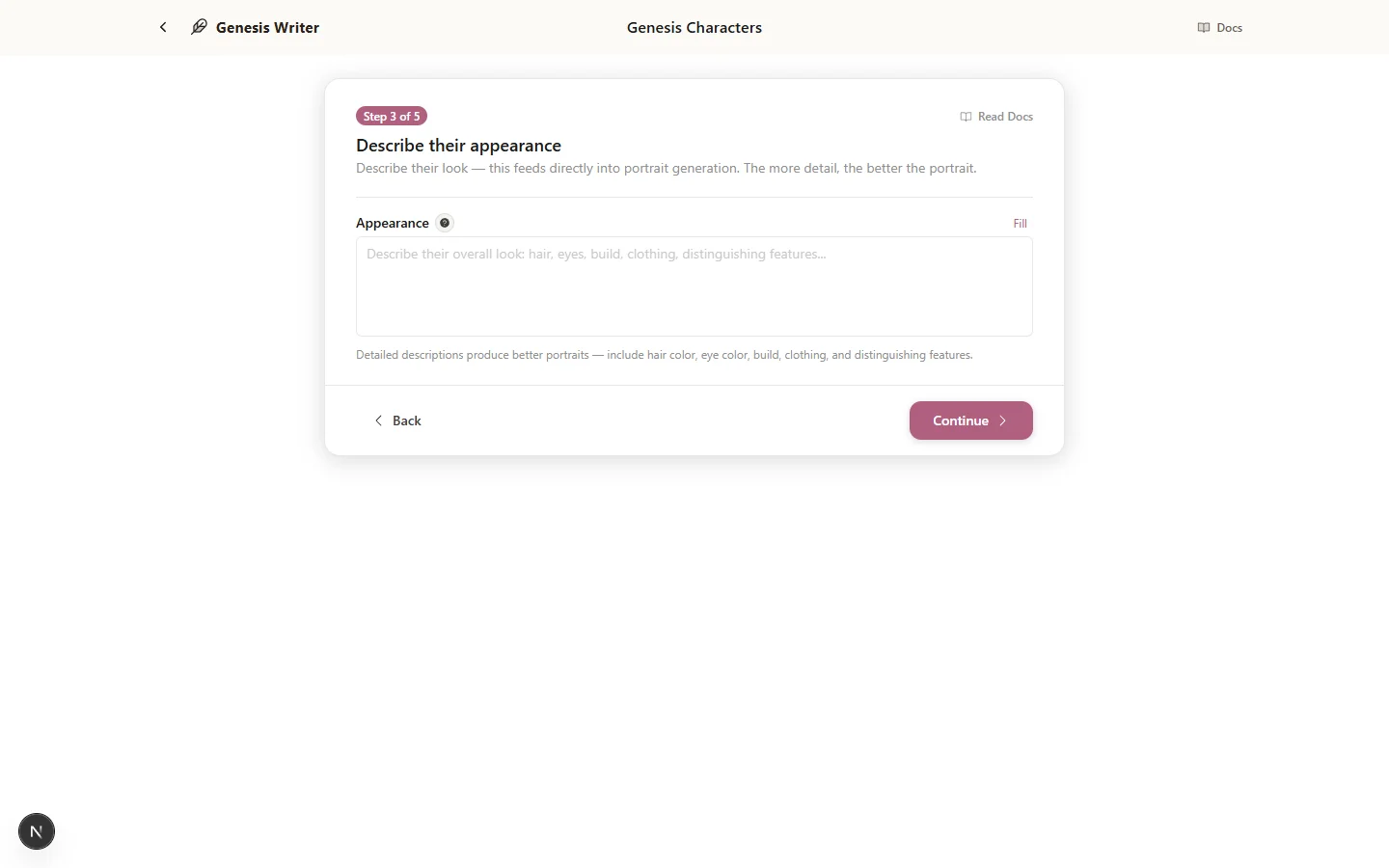 The Portrait step showing preset portrait options and the AI generation panel with style selector