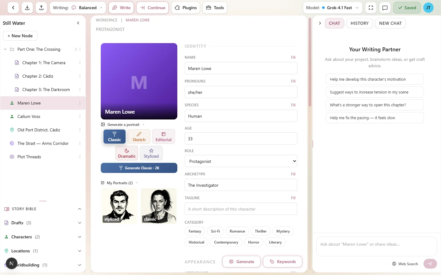 A complete character profile showing biography, voice analysis, and personality sections