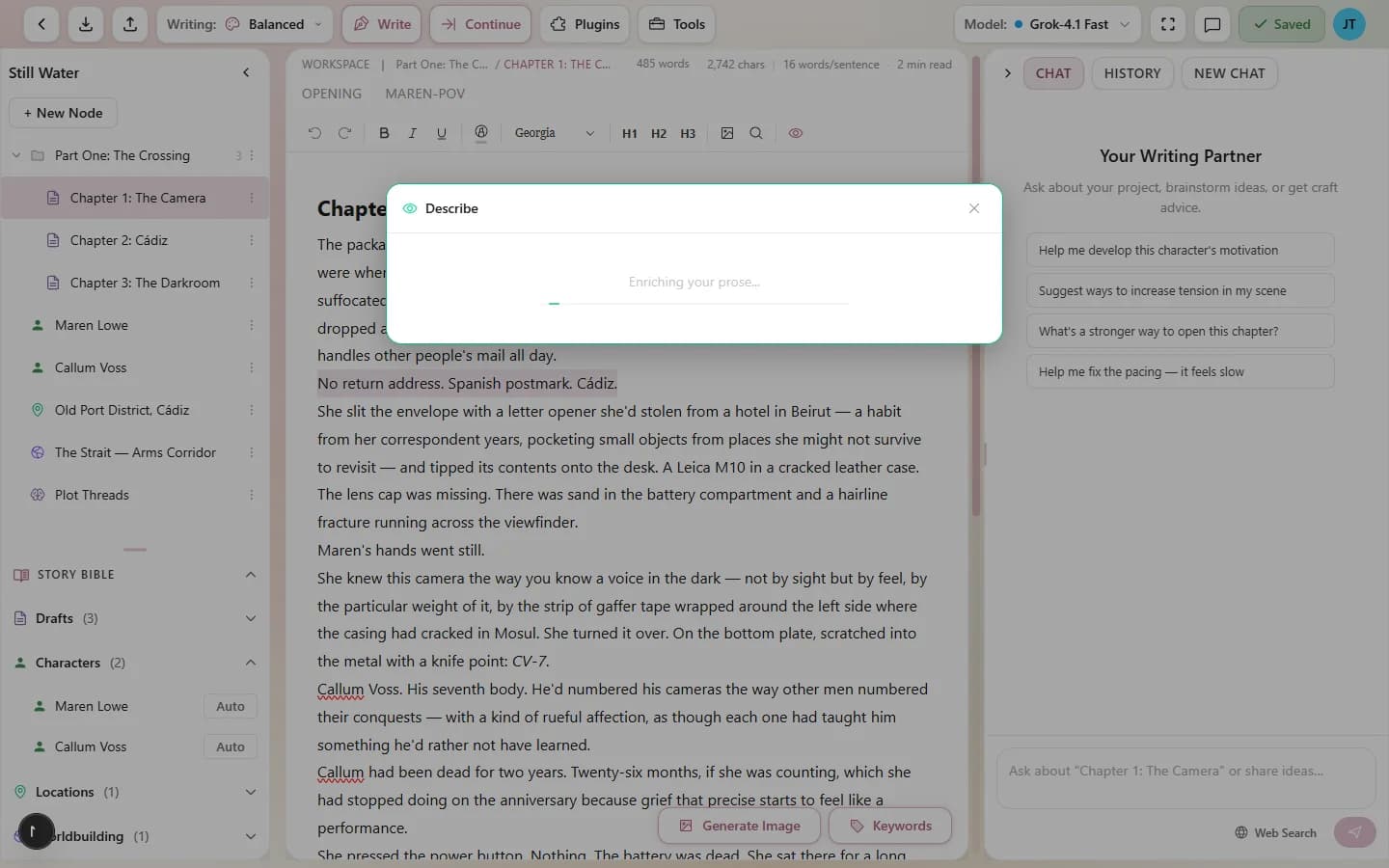 The Describe dialog showing Focus Type, Intensity, and Senses options