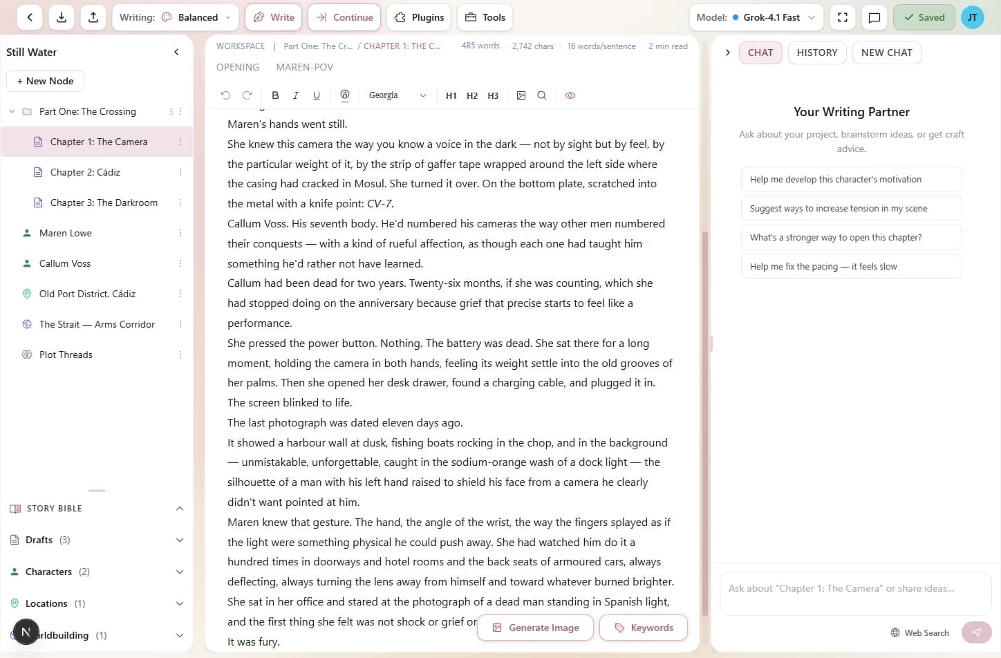 The Draft Editor showing a chapter in progress with the formatting toolbar above