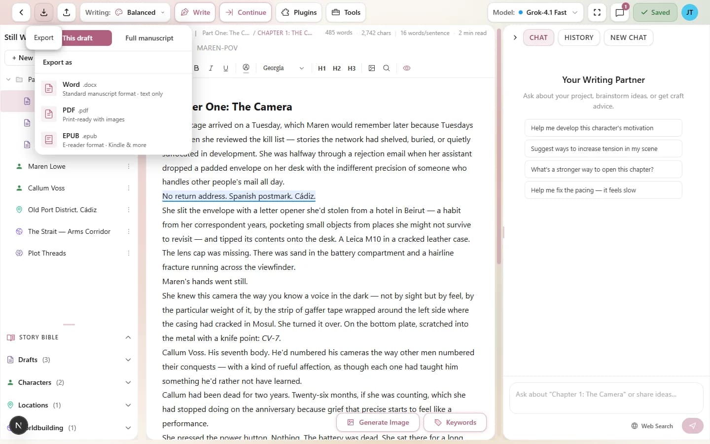 The export dialog showing DOCX, PDF, and EPUB format options with a download button