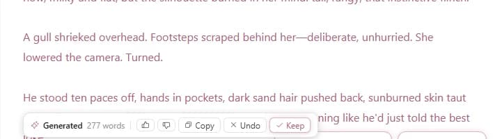 The inline generation toolbar showing Keep, Discard, and Stop buttons below generated text