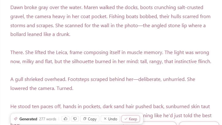 The inline generation toolbar after generation is complete, showing Keep, Discard, word count, and feedback options