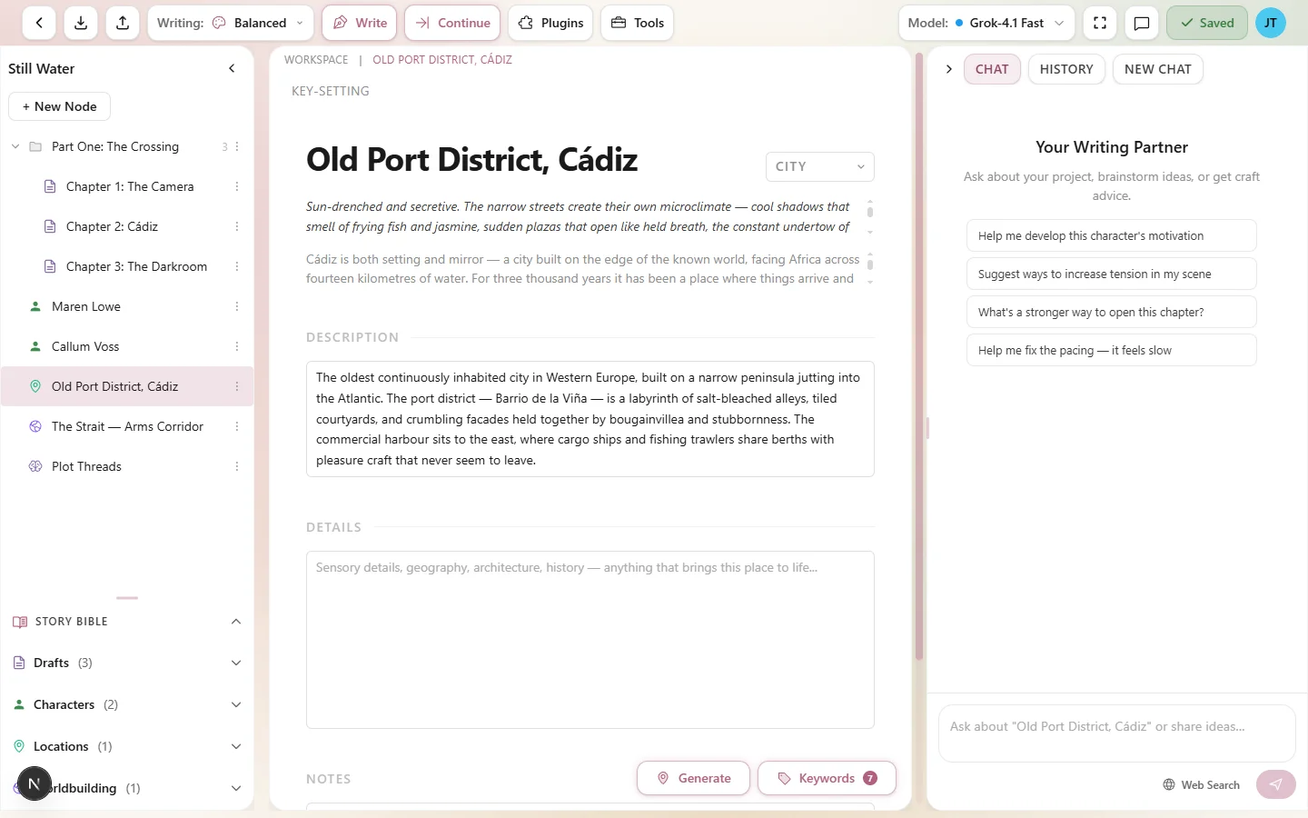 The location editor showing fields for name, type, description, atmosphere, and details