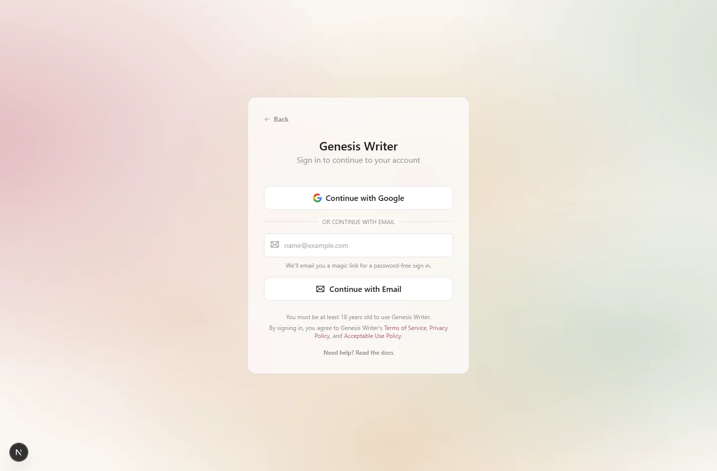 The Genesis Writer login page showing email and Google login options