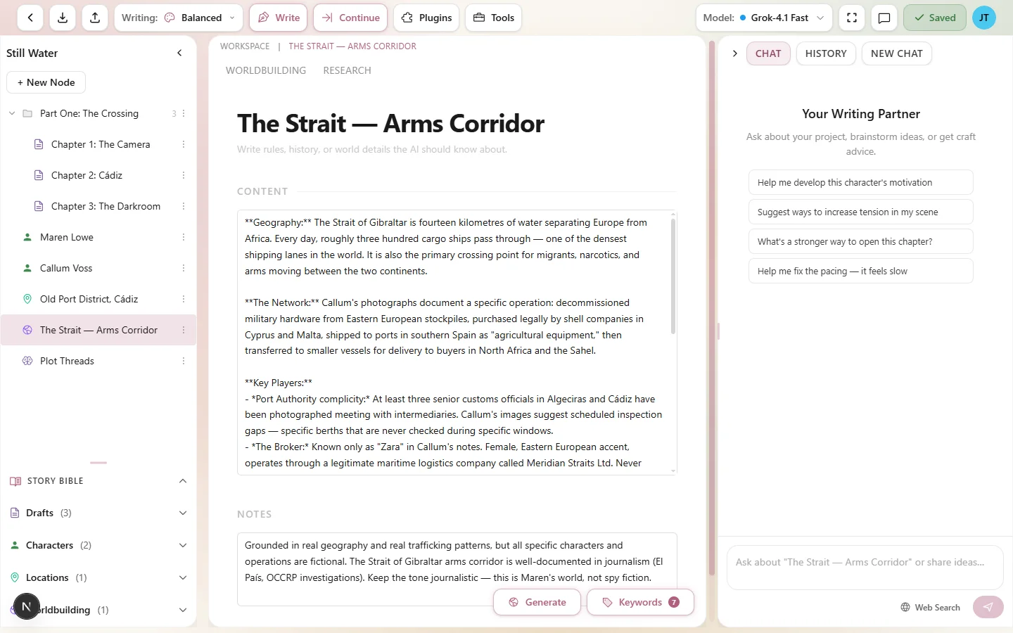 The worldbuilding editor showing a magic system entry with content, activation keywords, and context priority