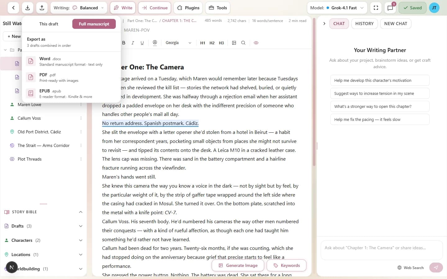 The manuscript export option showing a list of draft nodes that will be combined into a single document