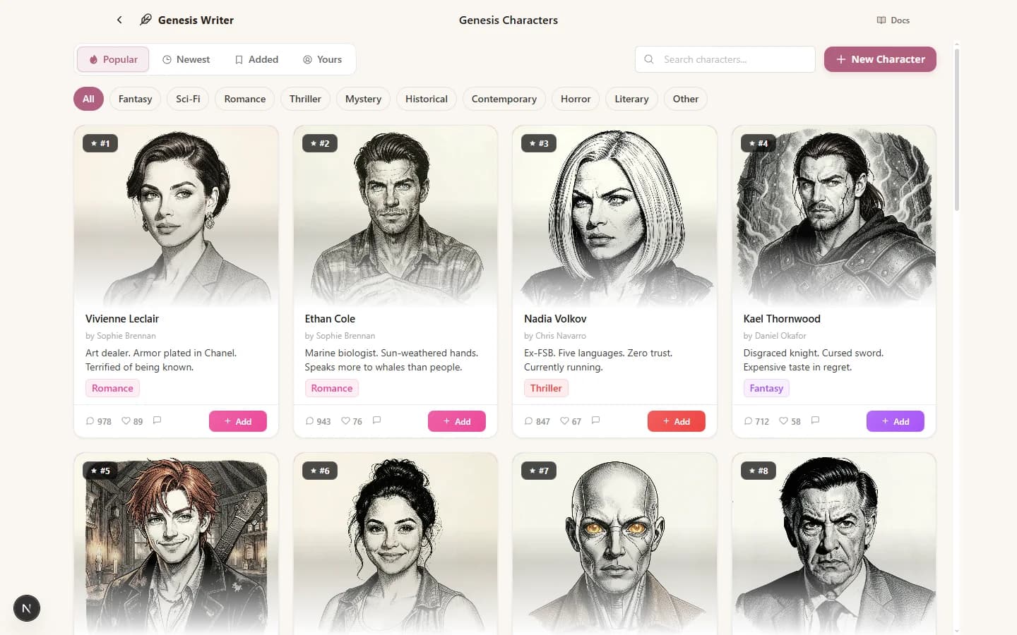 The Characters marketplace section showing a grid of character cards with portraits, names, genres, and descriptions