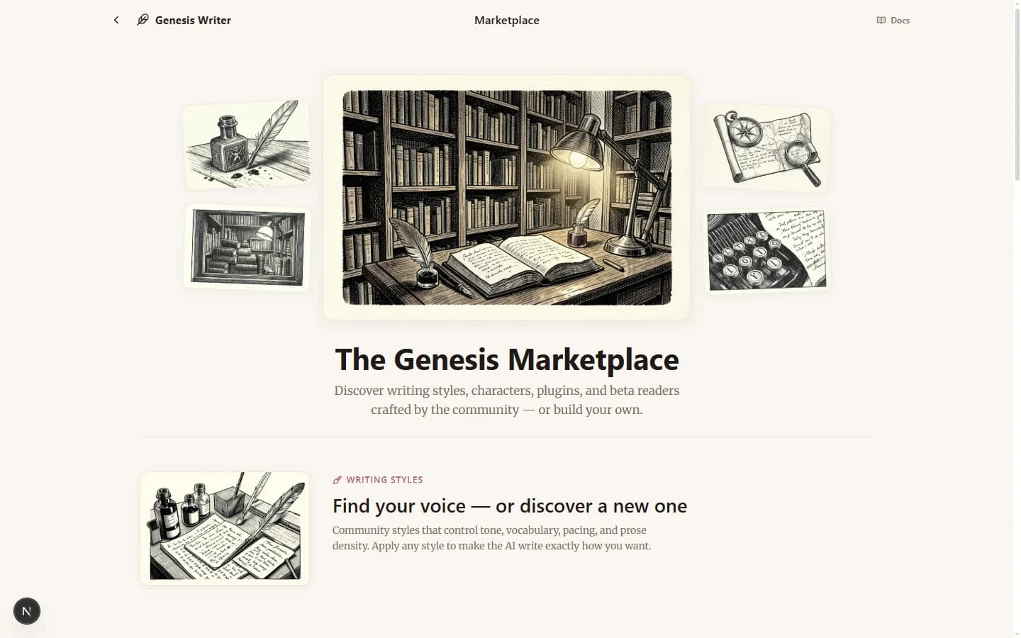 The Genesis Writer Marketplace showing styles, characters, and plugins