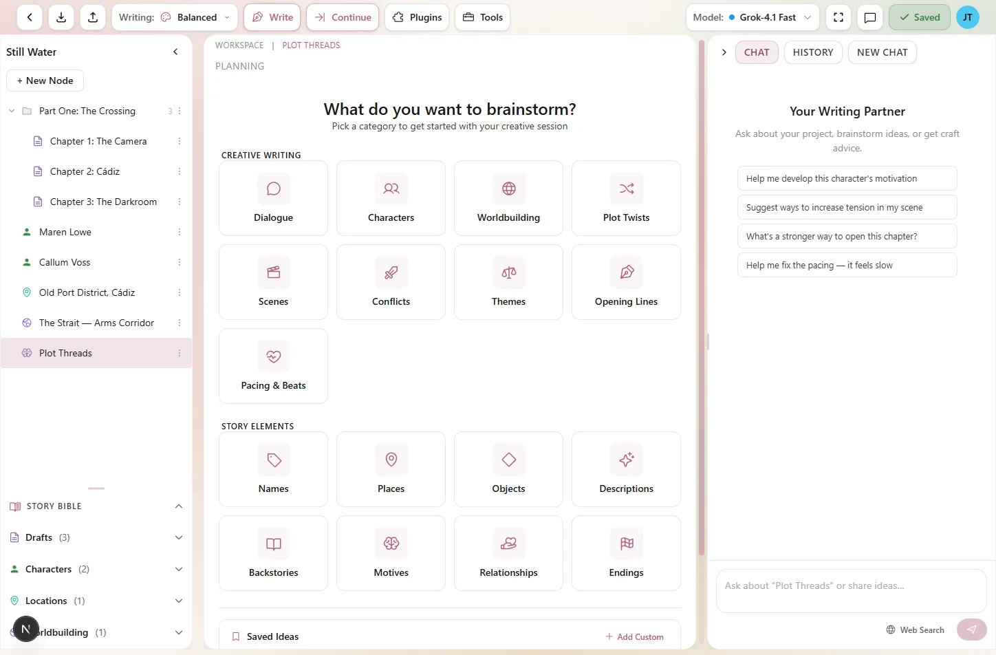 The brainstorm view showing category tiles for creative writing topics like Dialogue, Characters, Worldbuilding, and Plot Twists