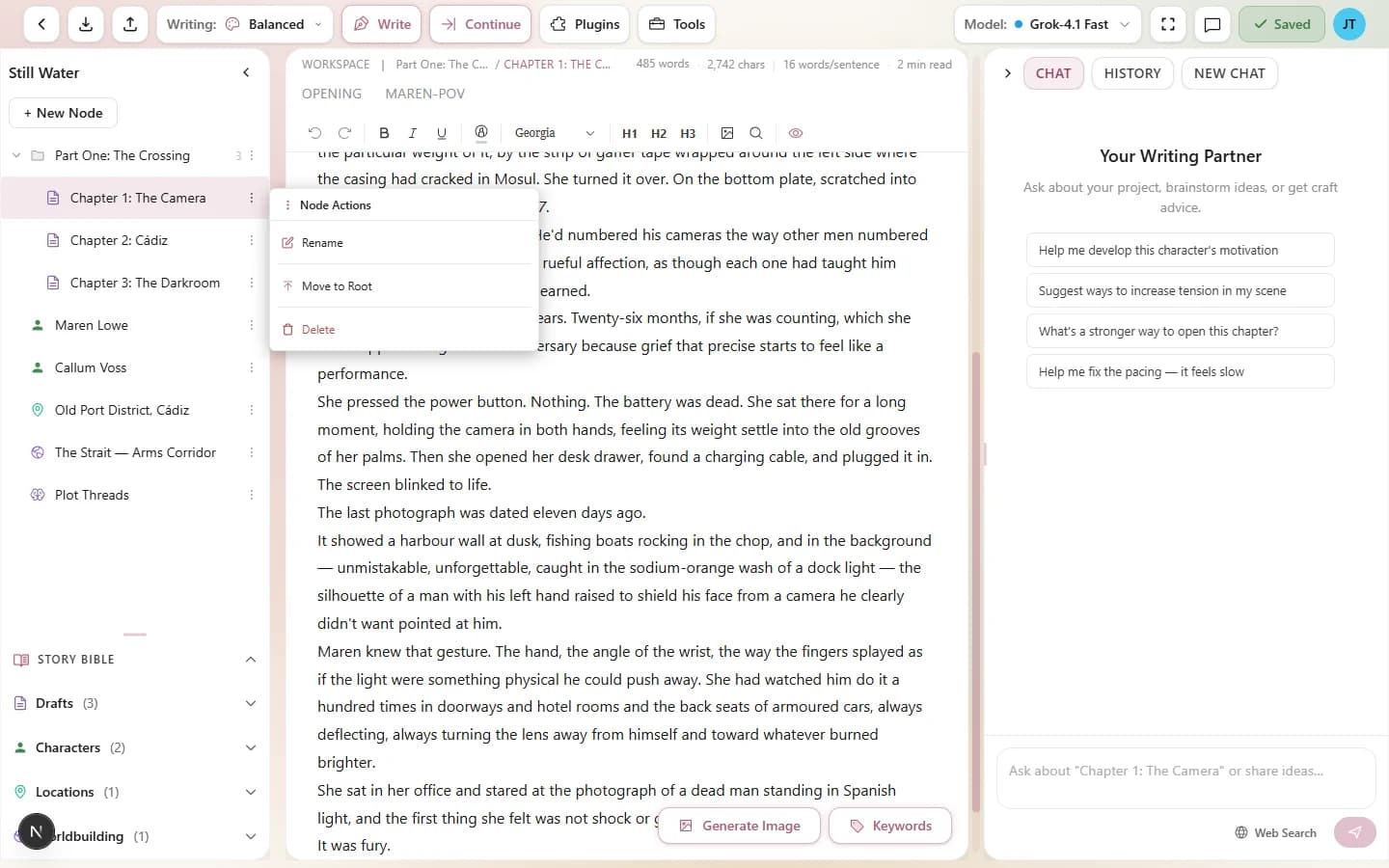 The right-click context menu on a node showing rename, duplicate, change type, status, and trash options