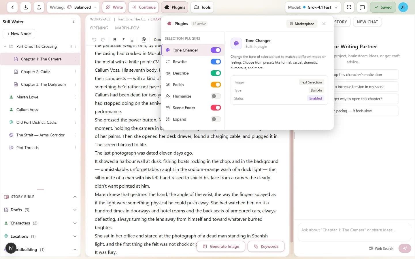 Text selected in the editor with the selection toolbar showing plugin options including Rewrite, Expand, Describe, and more