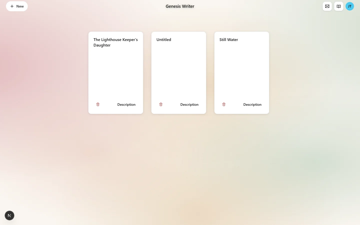 The Genesis Writer project hub showing a list of projects with create button