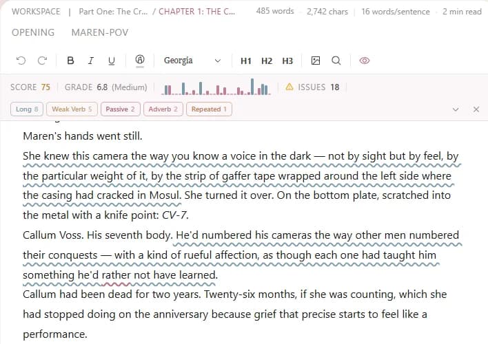 Prose Score breakdown showing a score of 78 with individual deductions listed for weak verbs, wordy phrases, and long sentences
