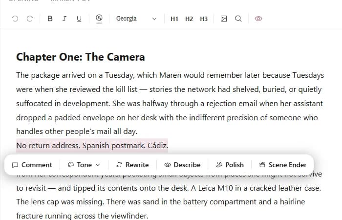 Text selected in the editor with the floating selection toolbar showing Rewrite, Expand, and Describe options