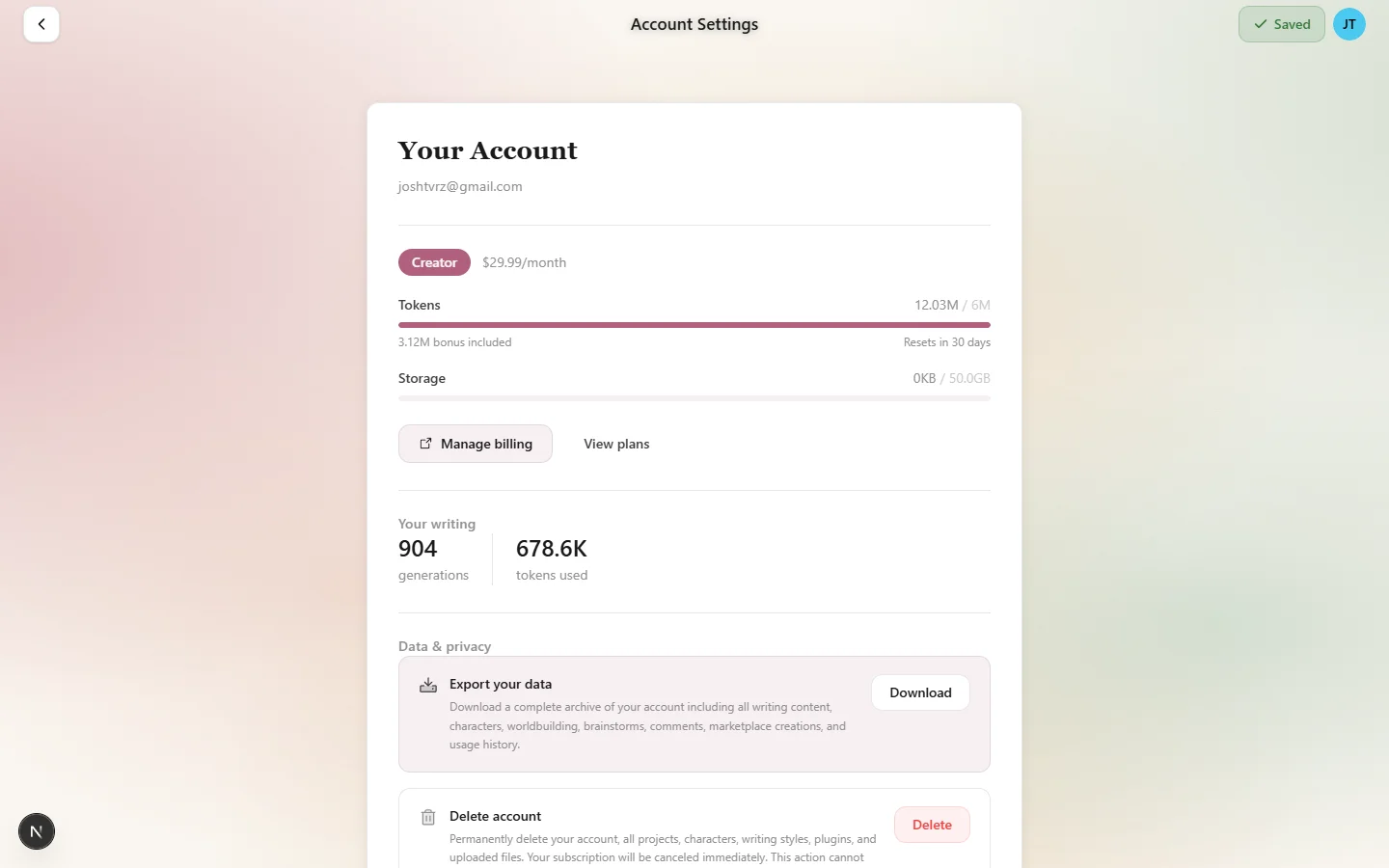 The Genesis Writer settings page showing plan info, token balance bar, storage usage, and lifetime stats