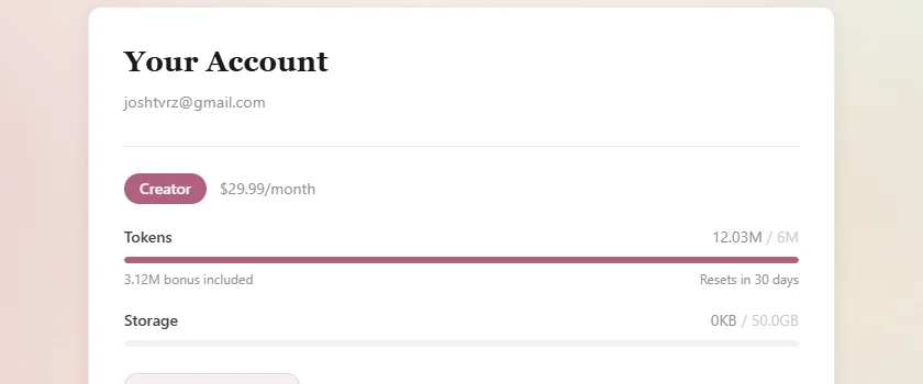 Storage section showing total bytes used, image bytes breakdown, and percentage of plan limit consumed