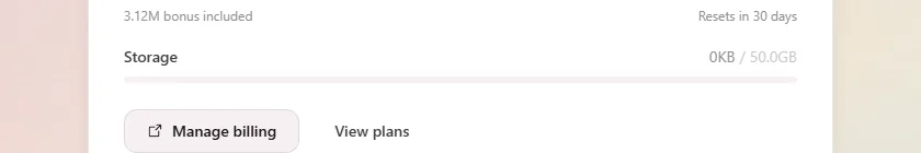 Settings page storage section showing a progress bar at 42% usage with total bytes used and plan limit