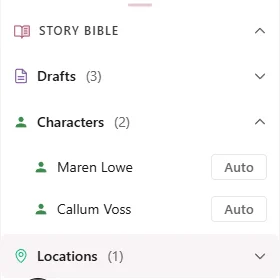 Close-up of the Story Bible panel showing detected characters and locations with score indicators and override toggles