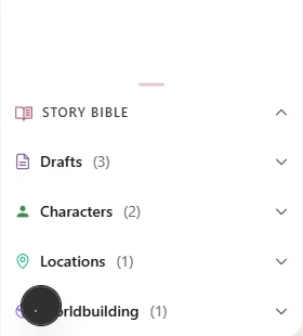 The Story Bible panel in the left sidebar showing auto-detected characters, locations, and worldbuilding entries with relevance indicators
