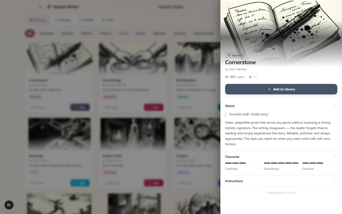 A preset style card showing the name, tagline, ink illustration, category badge, and rating sliders