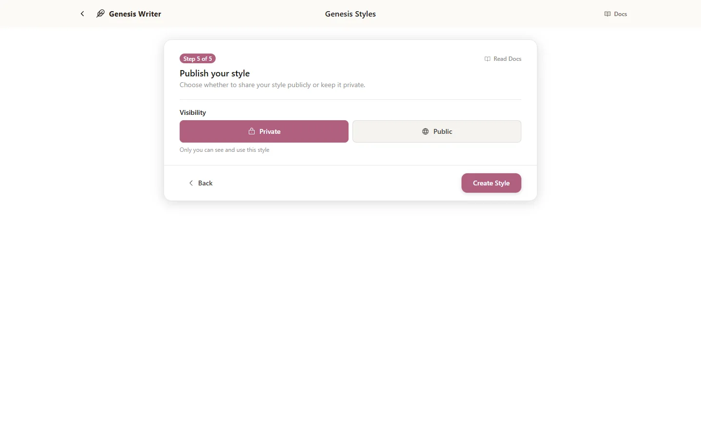 The Publish step of the style creation wizard showing visibility options: Private, Public, and Curated