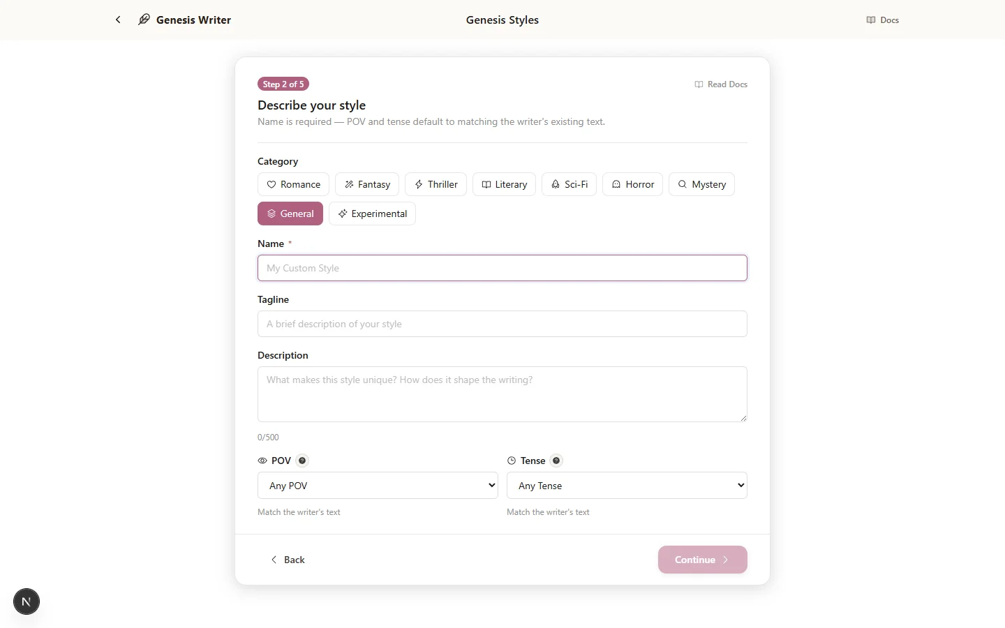 The Basics step showing category selector, name field, tagline, description, POV, and tense options
