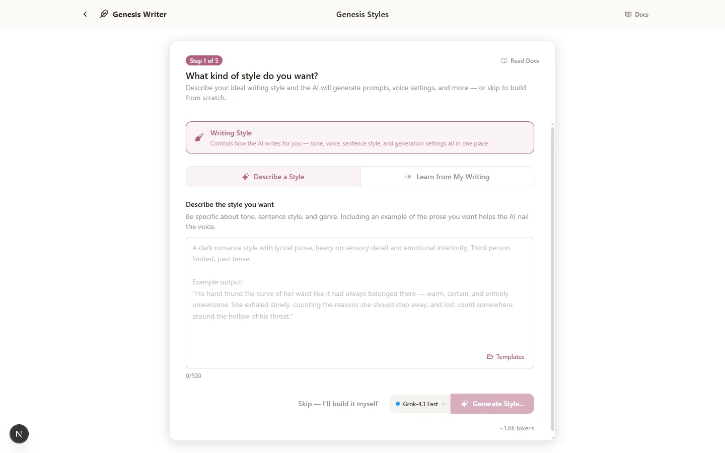 The Intent step of the style creation wizard showing the free-text description field and model selector