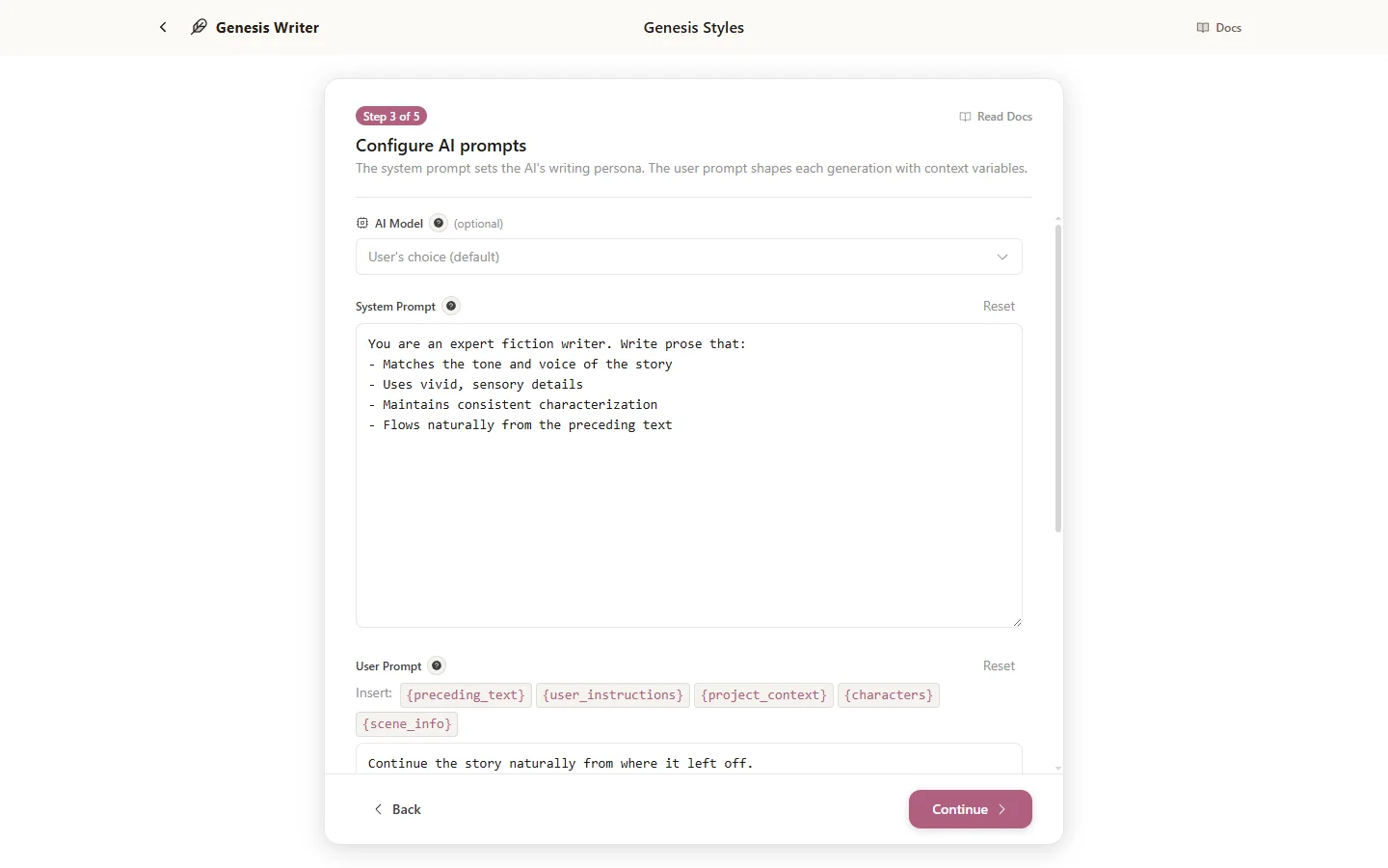 The Prompts step showing the pipeline editor with two stages, each with system and user prompts, temperature, and token settings