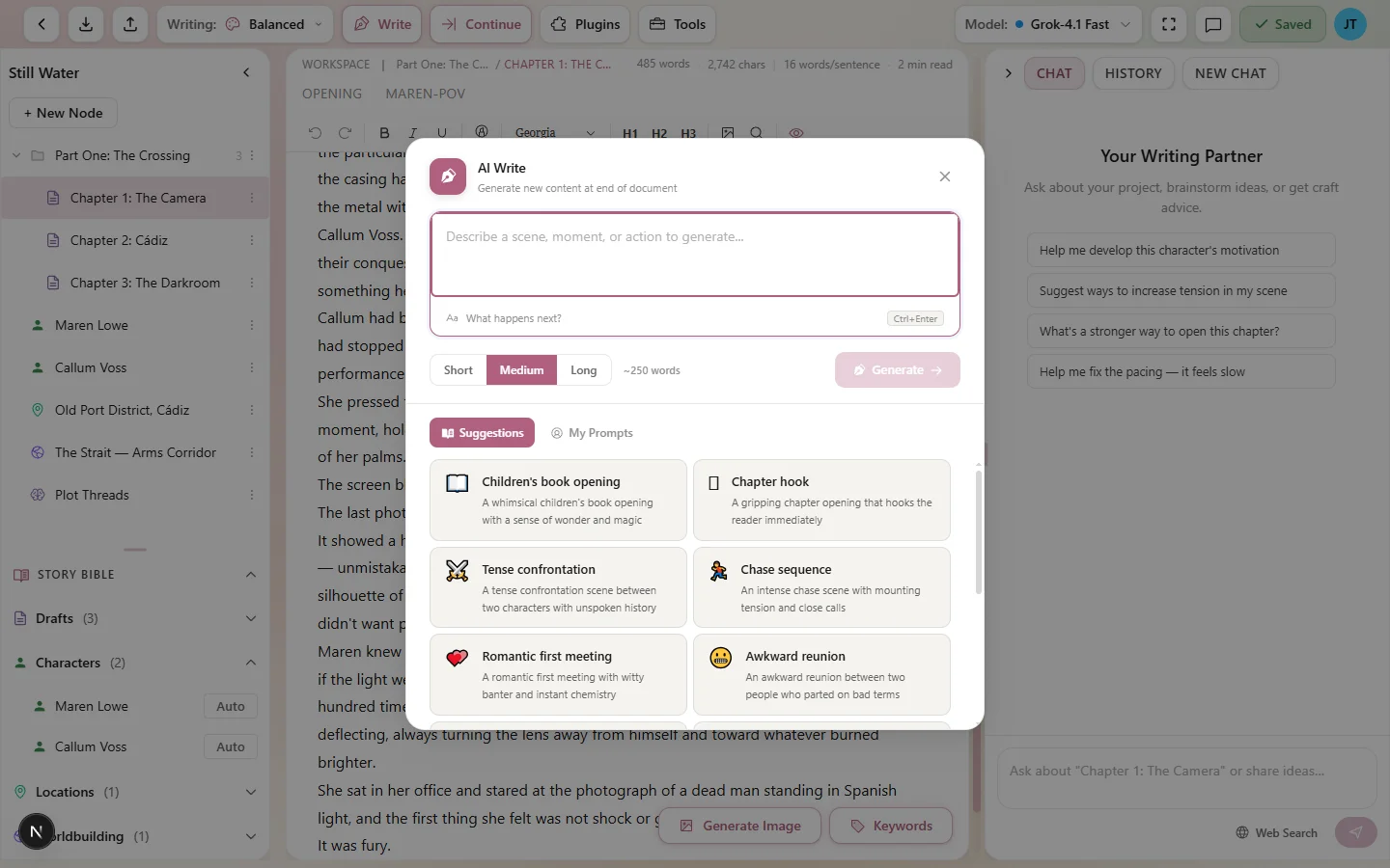 The Write dialog with a prompt field and Short/Medium/Long length options