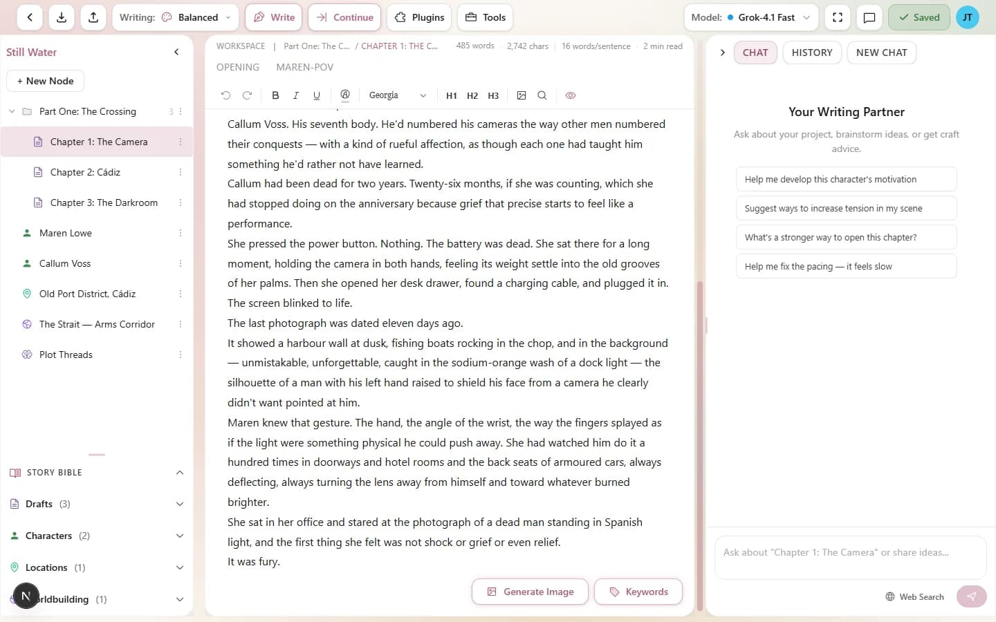 The Genesis Writer three-panel interface showing node tree, editor, and tools panel