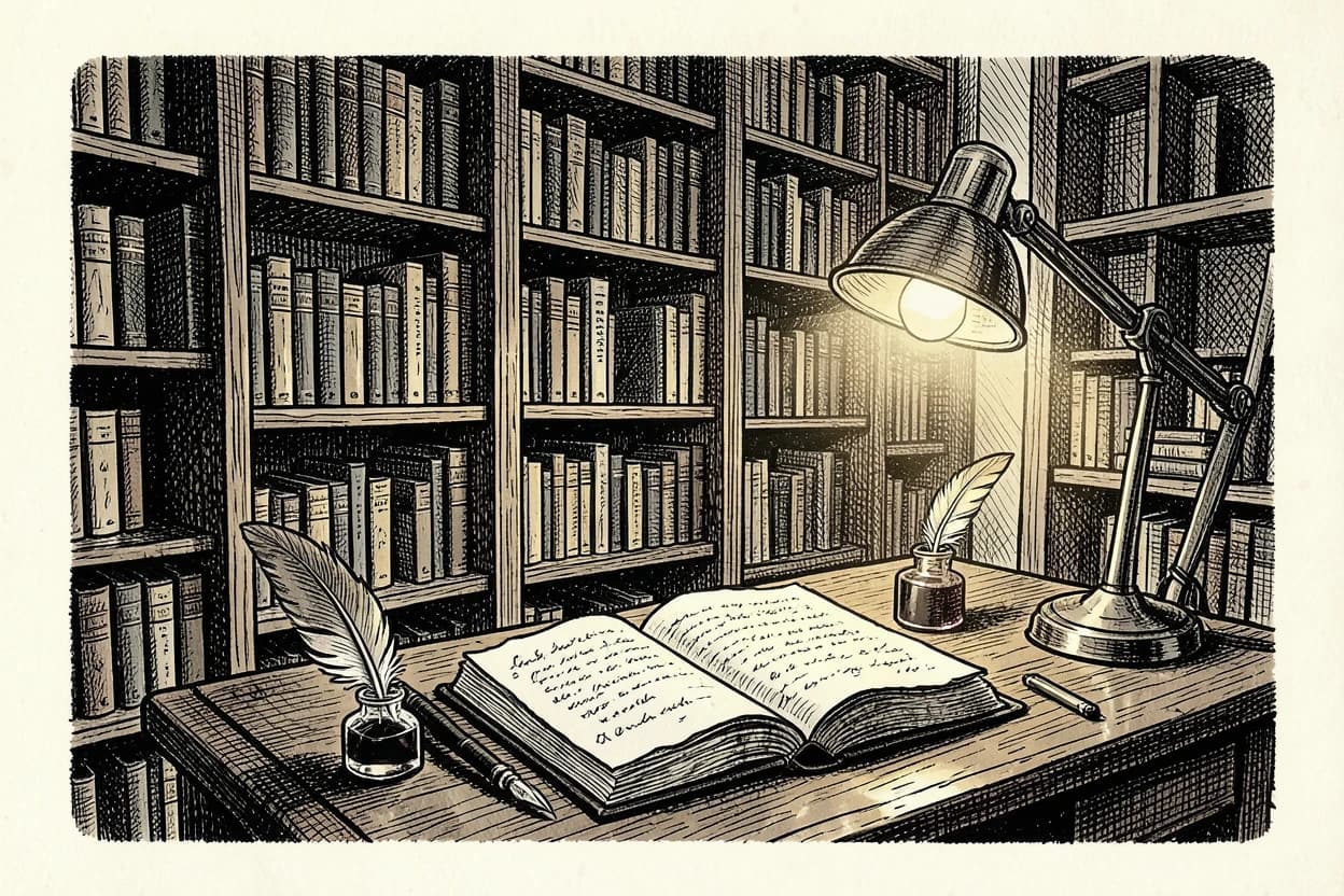 Genesis Writer Marketplace — ink illustration of a writer's study