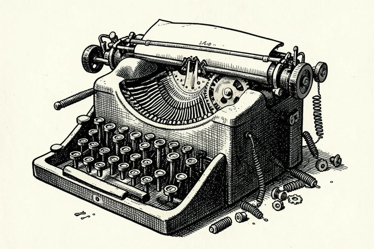 Ink illustration of a vintage typewriter with exposed gears