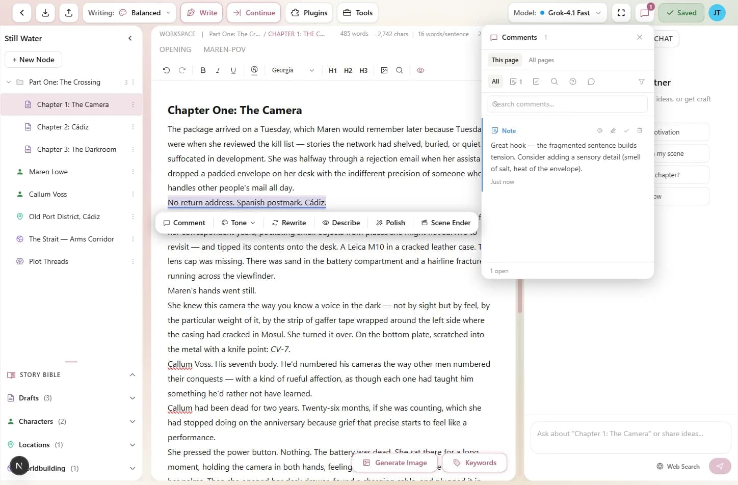 The editor showing highlighted text with an inline comment, and the Notes panel visible