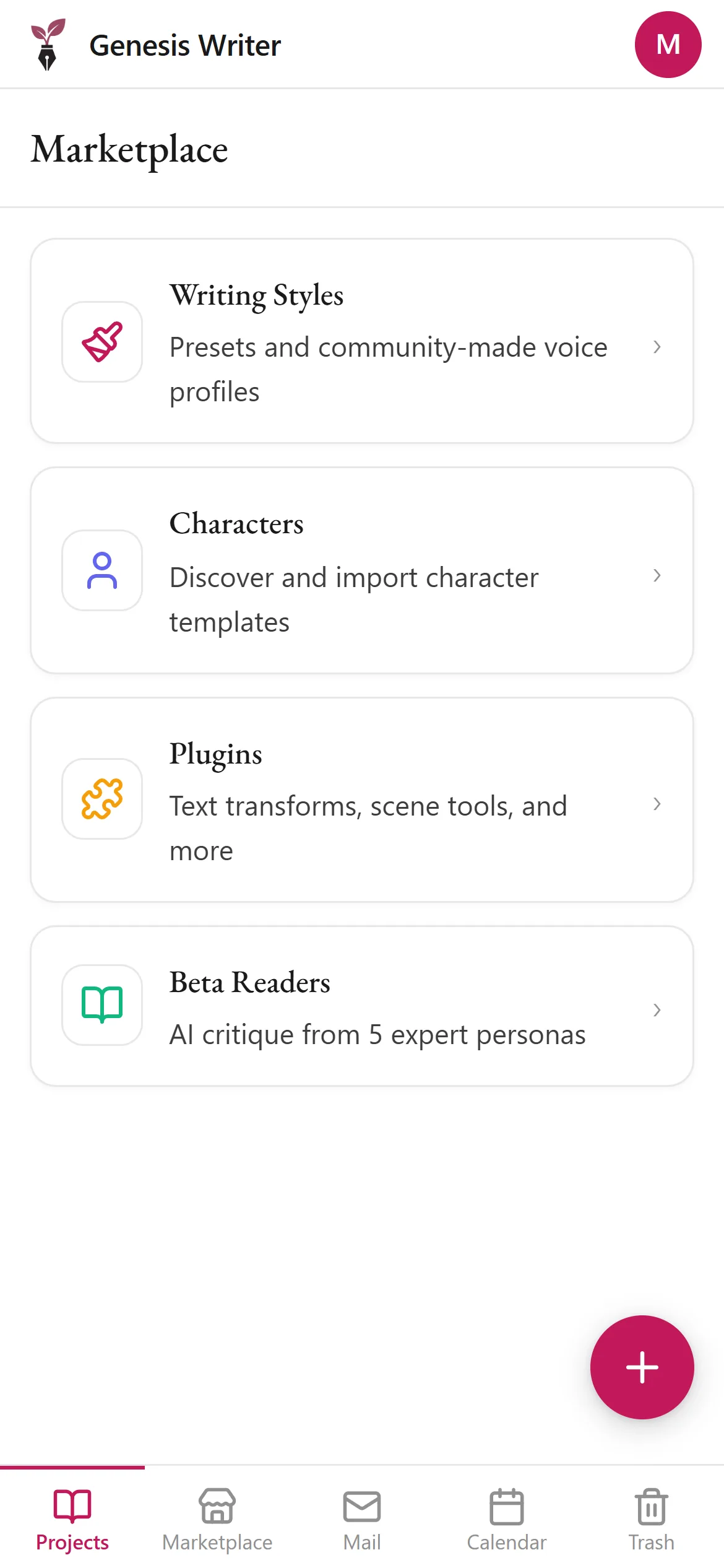 The marketplace section on the mobile hub showing community writing styles