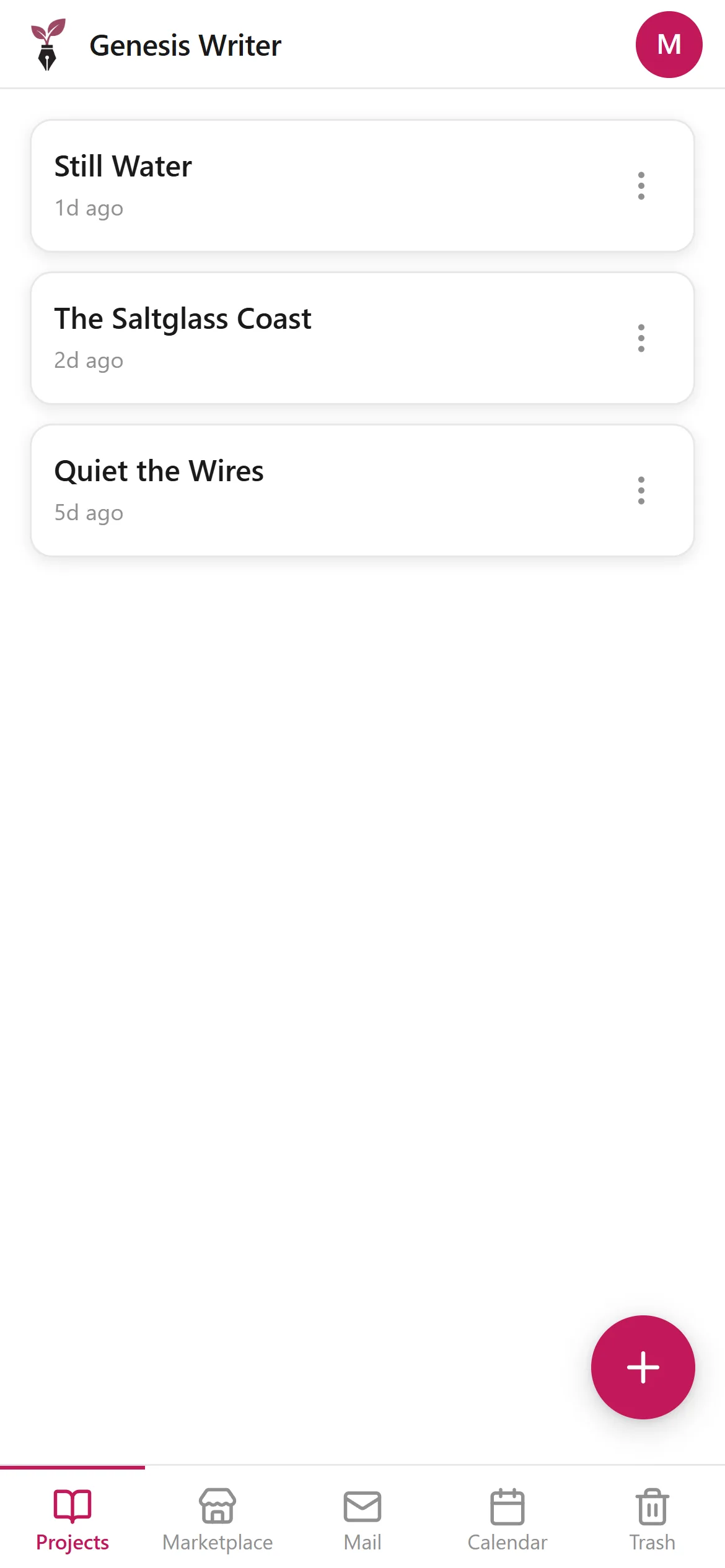 The Genesis Writer mobile hub showing a list of projects with last-edited times
