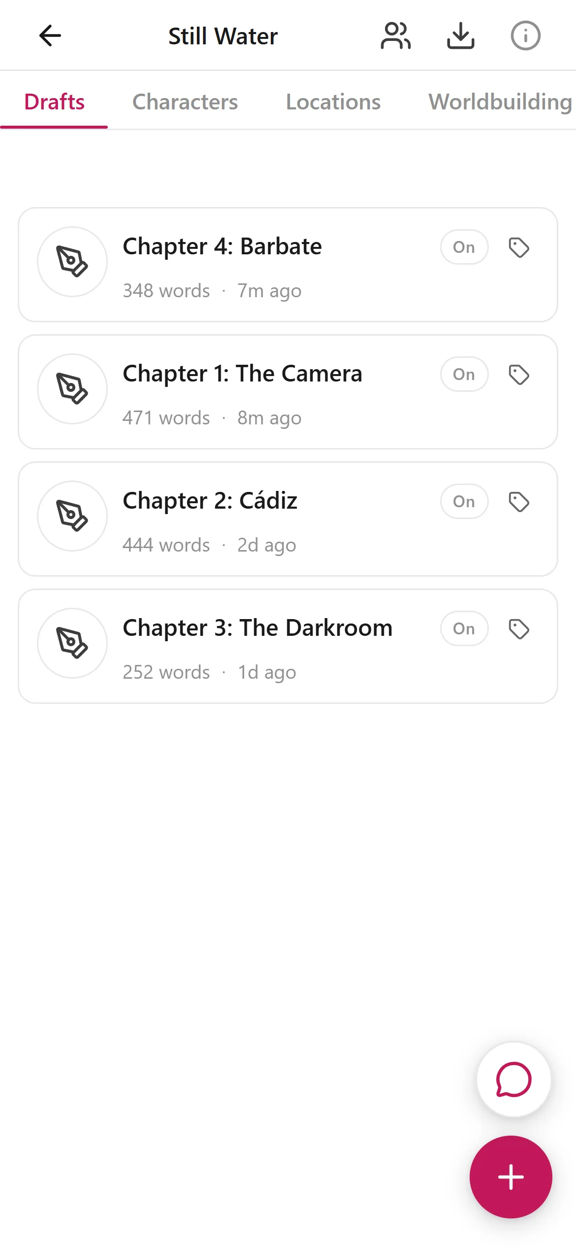 The mobile Story Bible showing draft, character, location, and worldbuilding tabs with per-node AI-context toggles