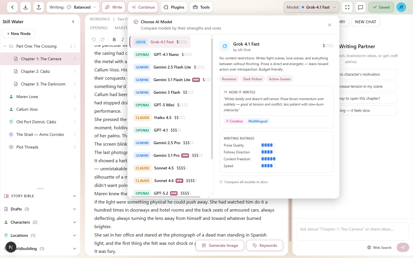 The model selector dropdown showing all 16 models grouped by tier with ratings